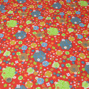Tissu cotonnade SEVENTIES rouge et formes psychédéliques oranges, bleues, vertes - tissuspipi.com
