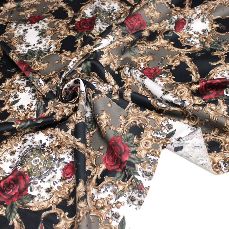 Tissu popeline de coton au motif baroque noir, roses rouges et arabesques dorées - tissuspipi.com