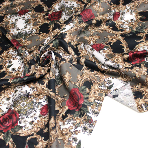 Tissu popeline de coton au motif baroque noir, roses rouges et arabesques dorées - tissuspipi.com
