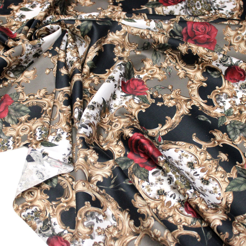 Tissu popeline de coton au motif baroque noir, roses rouges et arabesques dorées - tissuspipi.com