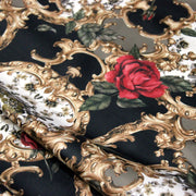 Tissu popeline de coton au motif baroque noir, roses rouges et arabesques dorées - tissuspipi.com