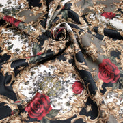 Tissu popeline de coton au motif baroque noir, roses rouges et arabesques dorées - tissuspipi.com
