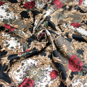 Tissu popeline de coton au motif baroque noir, roses rouges et arabesques dorées - tissuspipi.com