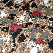 Tissu popeline de coton au motif baroque noir, roses rouges et arabesques dorées - tissuspipi.com