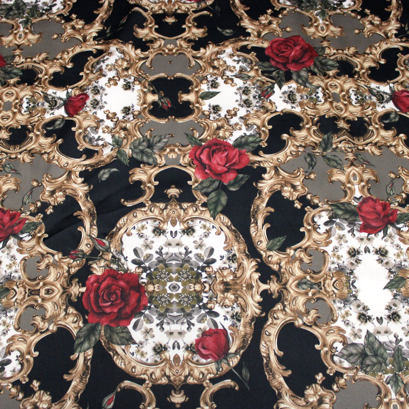 Tissu popeline de coton au motif baroque noir, roses rouges et arabesques dorées - tissuspipi.com