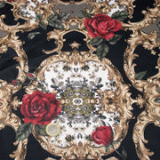 Tissu popeline de coton au motif baroque noir, roses rouges et arabesques dorées - tissuspipi.com