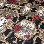 Tissu popeline de coton au motif baroque noir, roses rouges et arabesques dorées - tissuspipi.com
