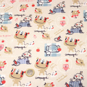 Tissu cotonnade enfant animaux en pique-nique à la campagne sur fond beige écru - tissuspipi.com