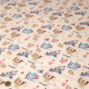 Tissu cotonnade enfant animaux en pique-nique à la campagne sur fond beige écru - tissuspipi.com