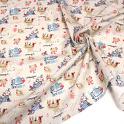 Tissu cotonnade enfant animaux en pique-nique à la campagne sur fond beige écru - tissuspipi.com