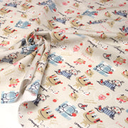 Tissu cotonnade enfant animaux en pique-nique à la campagne sur fond beige écru - tissuspipi.com