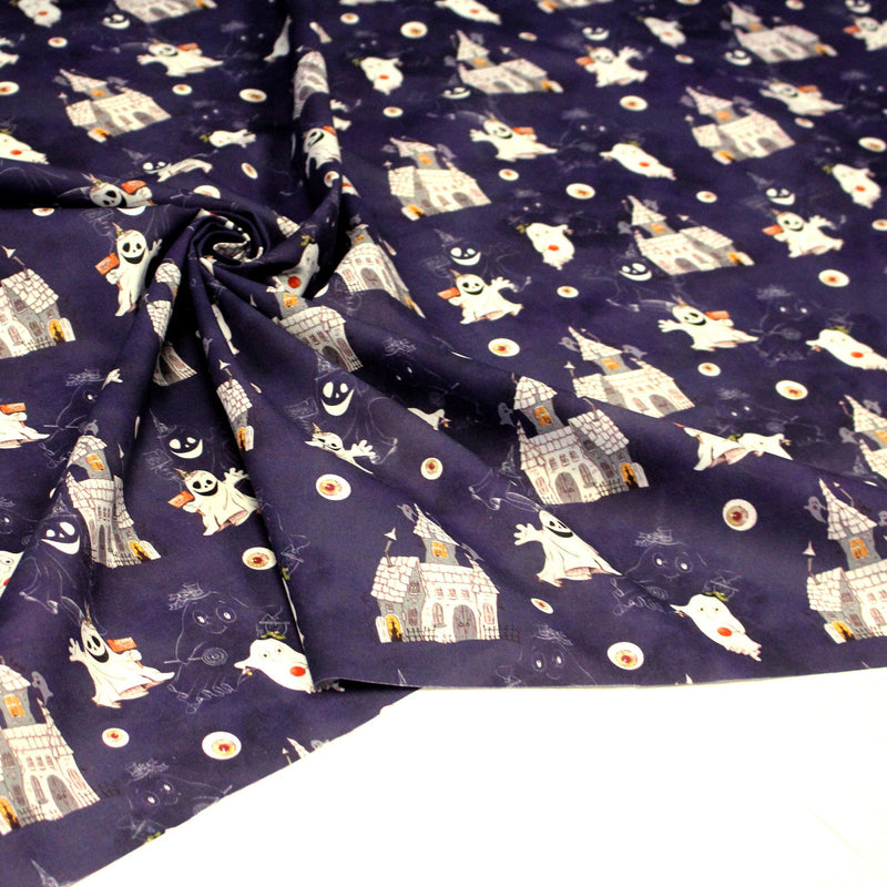 Tissu cotonnade HALLOWEEN, violet aux fantomes et manoirs hantés - OEKO - TEX STANDARD 100 - tissuspipi.com