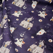 Tissu cotonnade HALLOWEEN, violet aux fantomes et manoirs hantés - OEKO - TEX STANDARD 100 - tissuspipi.com