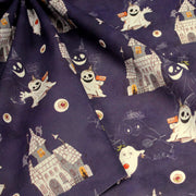 Tissu cotonnade HALLOWEEN, violet aux fantomes et manoirs hantés - OEKO - TEX STANDARD 100 - tissuspipi.com
