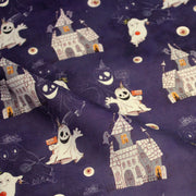 Tissu cotonnade HALLOWEEN, violet aux fantomes et manoirs hantés - OEKO - TEX STANDARD 100 - tissuspipi.com