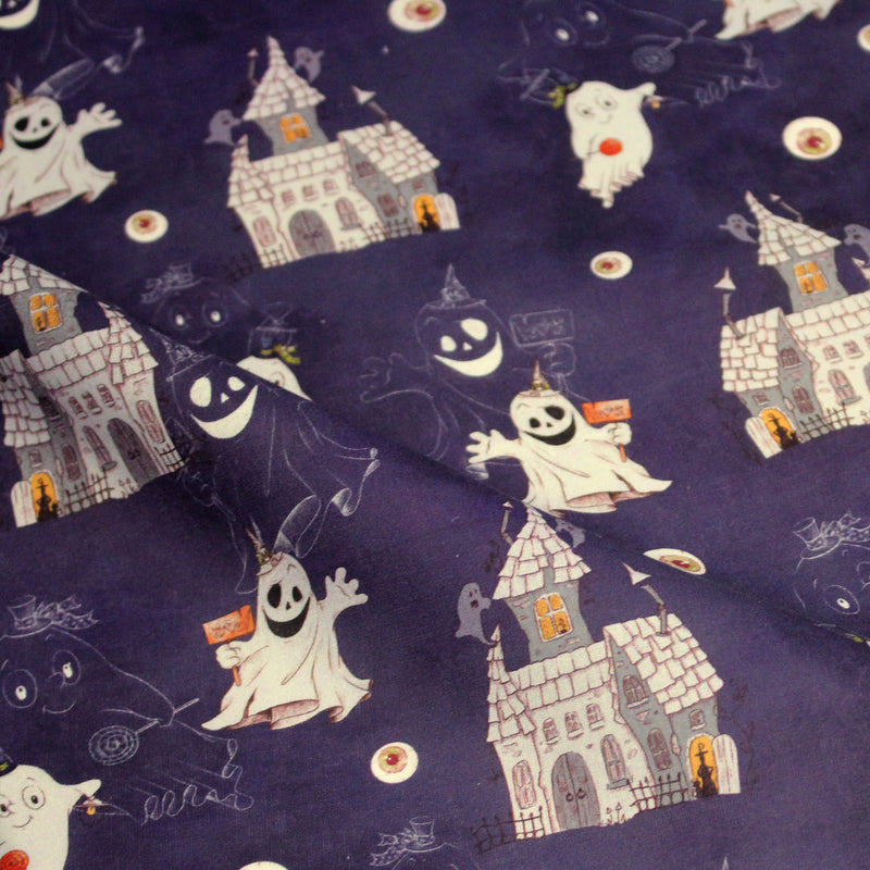 Tissu cotonnade HALLOWEEN, violet aux fantomes et manoirs hantés - OEKO - TEX STANDARD 100 - tissuspipi.com