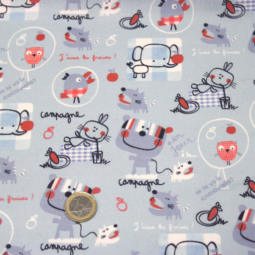 Tissu cotonnade enfant animaux en pique-nique à la campagne sur fond bleu ciel - tissuspipi.com