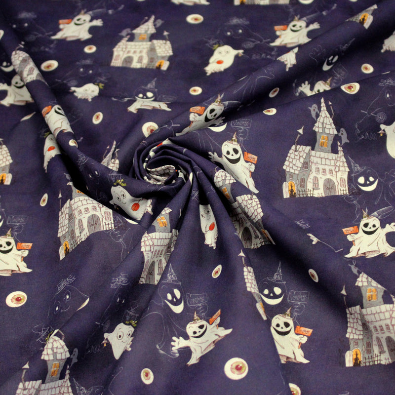 Tissu cotonnade HALLOWEEN, violet aux fantomes et manoirs hantés - OEKO - TEX STANDARD 100 - tissuspipi.com