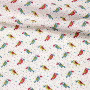 Tissu cotonnade enfant aux petits toucans multicolores sur fond blanc - tissuspipi.com