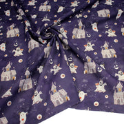 Tissu cotonnade HALLOWEEN, violet aux fantomes et manoirs hantés - OEKO - TEX STANDARD 100 - tissuspipi.com