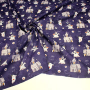 Tissu cotonnade HALLOWEEN, violet aux fantomes et manoirs hantés - OEKO - TEX STANDARD 100 - tissuspipi.com