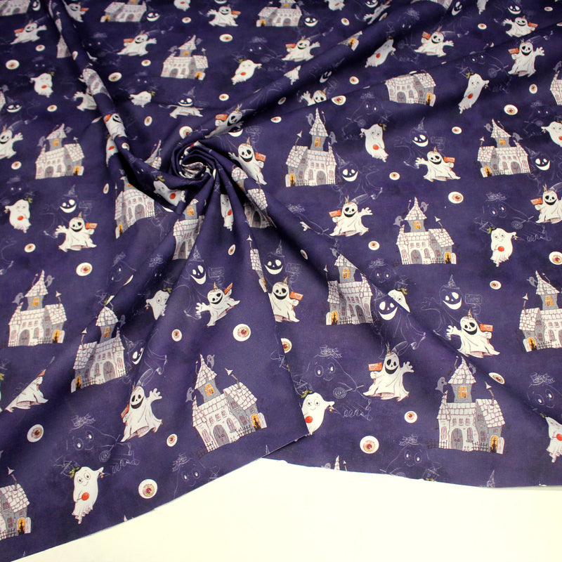 Tissu cotonnade HALLOWEEN, violet aux fantomes et manoirs hantés - OEKO - TEX STANDARD 100 - tissuspipi.com