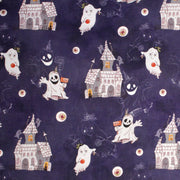 Tissu cotonnade HALLOWEEN, violet aux fantomes et manoirs hantés - OEKO - TEX STANDARD 100 - tissuspipi.com