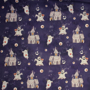 Tissu cotonnade HALLOWEEN, violet aux fantomes et manoirs hantés - OEKO - TEX STANDARD 100 - tissuspipi.com