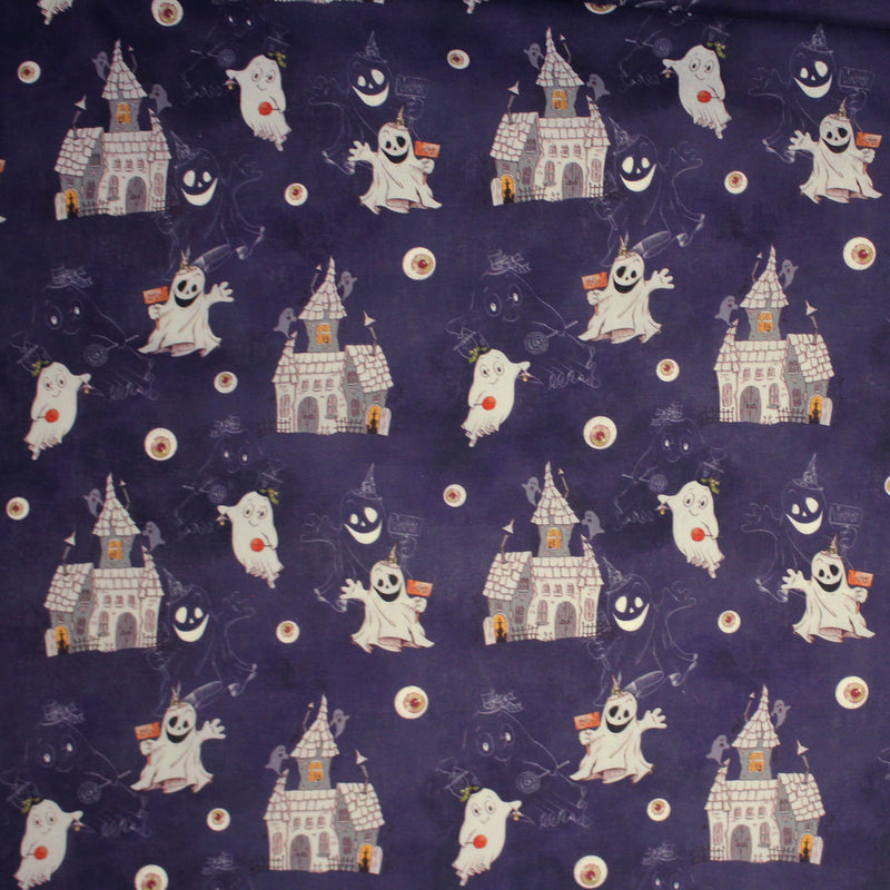 Tissu cotonnade HALLOWEEN, violet aux fantomes et manoirs hantés - OEKO - TEX STANDARD 100 - tissuspipi.com
