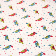 Tissu cotonnade enfant aux petits toucans multicolores sur fond blanc - tissuspipi.com