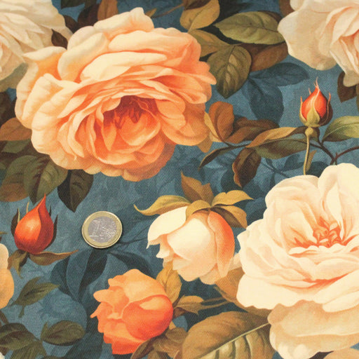 Tissu gabardine coton imprimée floral aux roses oranges et corail, fond bleu canard faux - uni - tissuspipi.com