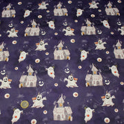Tissu cotonnade HALLOWEEN, violet aux fantomes et manoirs hantés - OEKO - TEX STANDARD 100 - tissuspipi.com