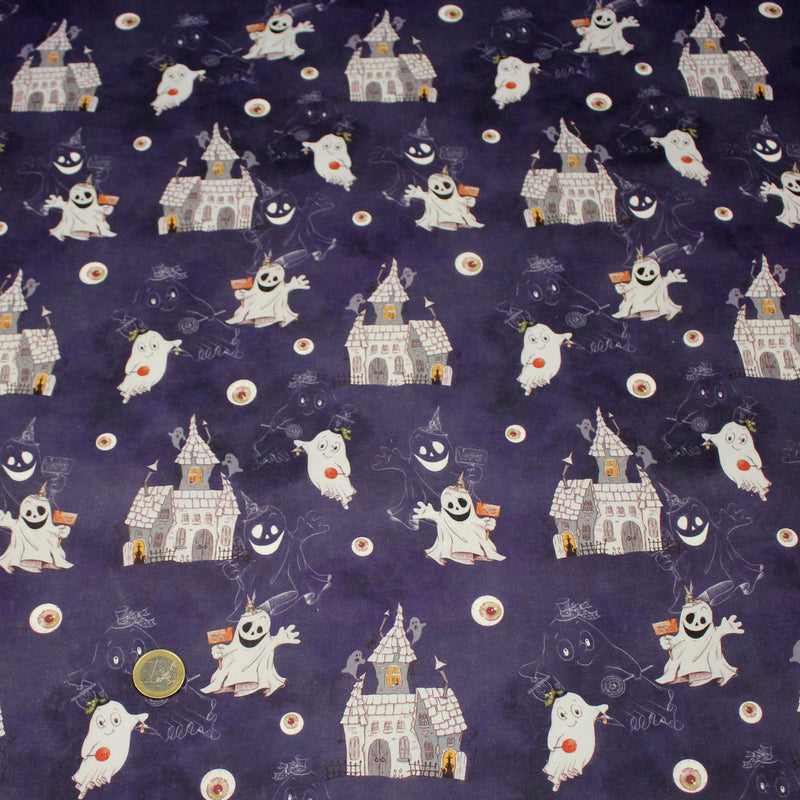Tissu cotonnade HALLOWEEN, violet aux fantomes et manoirs hantés - OEKO - TEX STANDARD 100 - tissuspipi.com