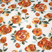Tissu gabardine coton imprimée blanc aux roses oranges façon aquarelle - tissuspipi.com