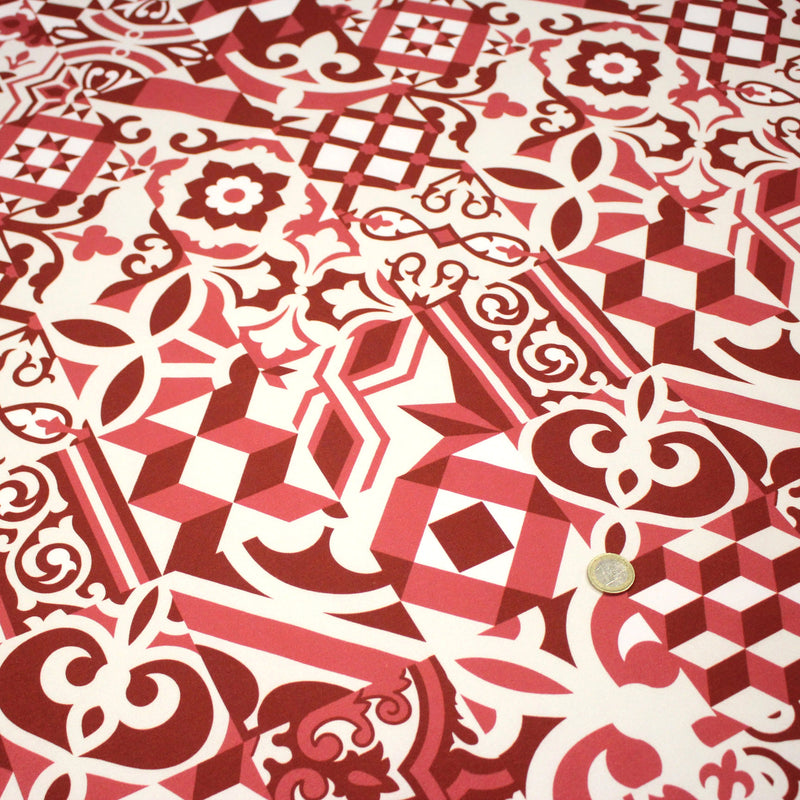 Tissu gabardine coton imprimée motif carreaux de faïence azulejos modernes, trois couleurs dispos - STANDARD 100 OEKO - TEX - tissuspipi.com