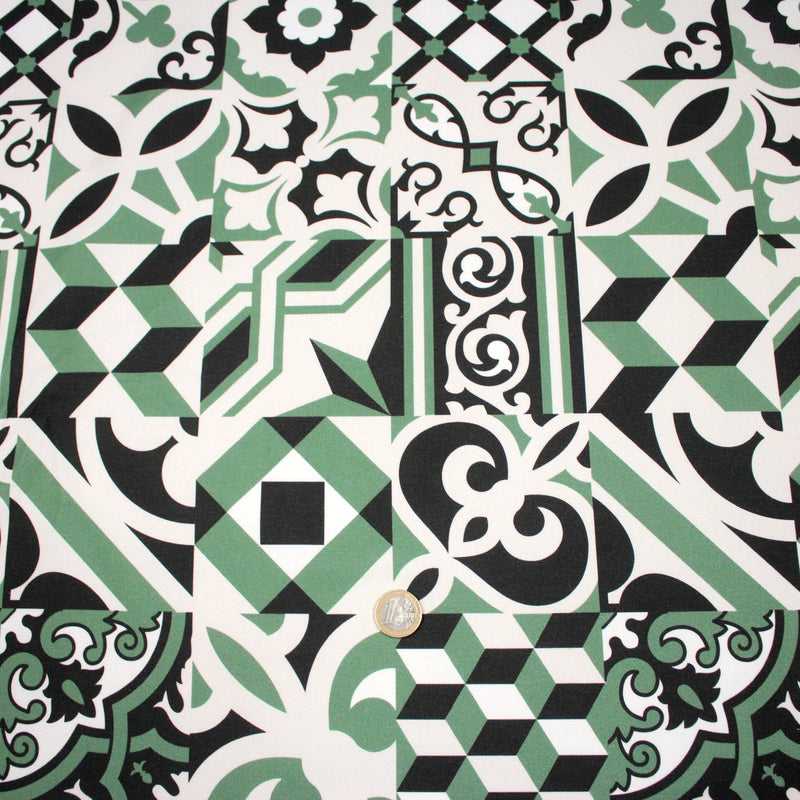 Tissu gabardine coton imprimée motif carreaux de faïence azulejos modernes, trois couleurs dispos - STANDARD 100 OEKO - TEX - tissuspipi.com