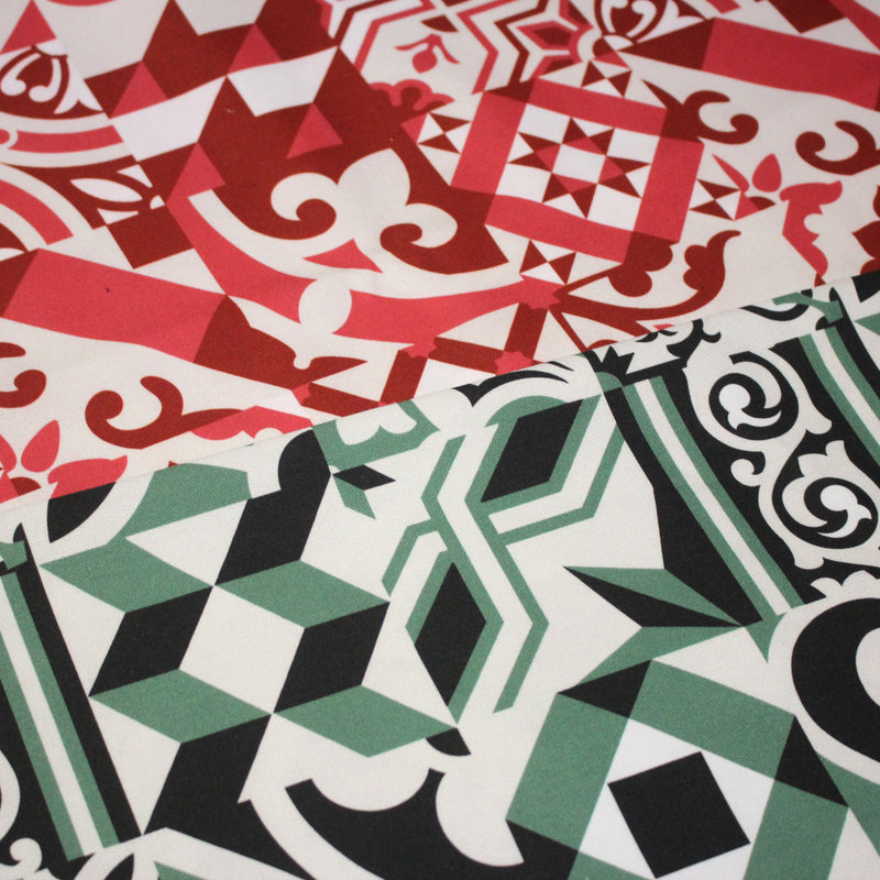 Tissu gabardine coton imprimée motif carreaux de faïence azulejos modernes, trois couleurs dispos - STANDARD 100 OEKO - TEX - tissuspipi.com