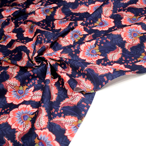 Tissu INDIENNES, gabardine coton imprimée fleurie colorée, fond bleu - OEKO - TEX - tissuspipi.com