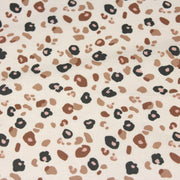 Tissu cotonnade LEOPARD, écru et taches léopard noires, roses, ocres - OEKO - TEX STANDARD 100 - tissuspipi.com
