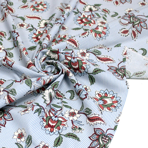 Tissu cotonnade RAIPUR imprimé indienne fleurie et fond fines rayures bleu ciel - OEKO-TEX STANDARD 100 - tissuspipi.com