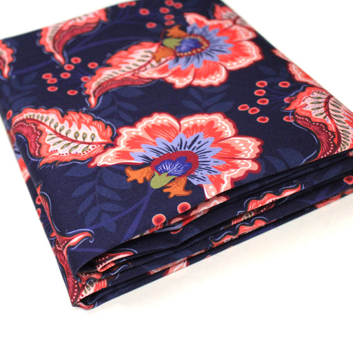 Tissu INDIENNES, gabardine coton imprimée fleurie colorée, fond bleu - OEKO - TEX - tissuspipi.com