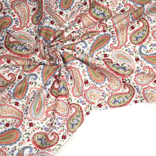 Tissu INDIENNES, gabardine coton imprimée motif cachemire coloré, fond blanc - OEKO - TEX - tissuspipi.com