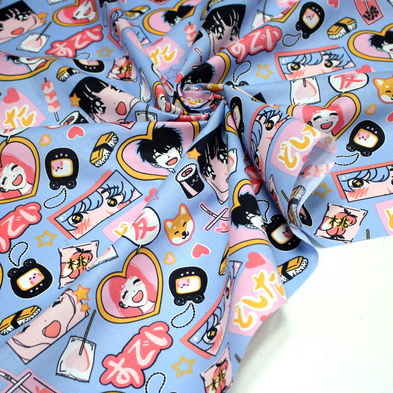 Tissu cotonnade motif japonais KAWAII rose orange bleu - OEKO - TEX - tissuspipi.com