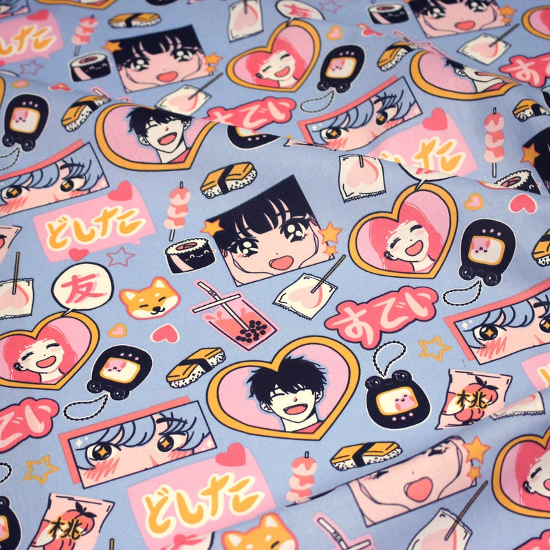 Tissu cotonnade motif japonais KAWAII rose orange bleu - OEKO - TEX - tissuspipi.com