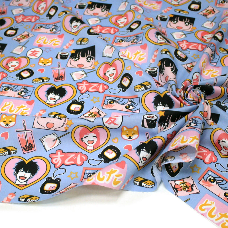 Tissu cotonnade motif japonais KAWAII rose orange bleu - OEKO - TEX - tissuspipi.com