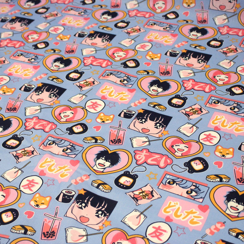 Tissu cotonnade motif japonais KAWAII rose orange bleu - OEKO - TEX - tissuspipi.com