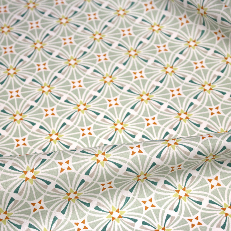 Tissu cotonnade fleuri géométrique ART NOUVEAU, vert amande, bleu canard, orange - OEKO - TEX STANDARD 100 - tissuspipi.com