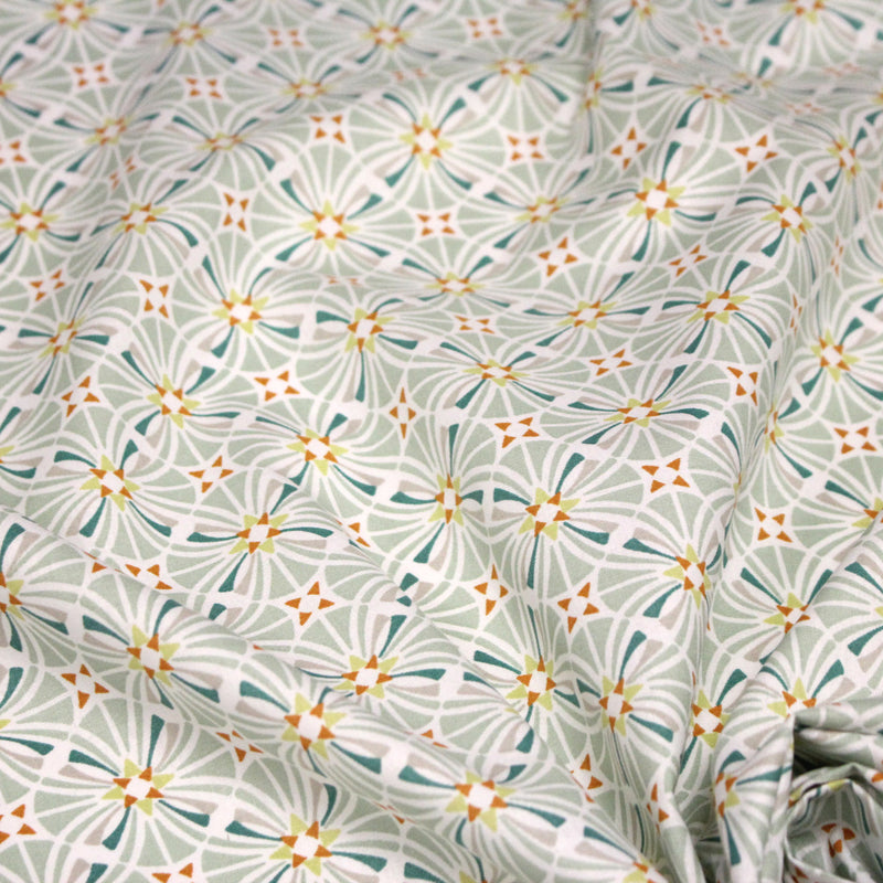 Tissu cotonnade fleuri géométrique ART NOUVEAU, vert amande, bleu canard, orange - OEKO - TEX STANDARD 100 - tissuspipi.com