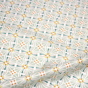 Tissu cotonnade fleuri géométrique ART NOUVEAU, vert amande, bleu canard, orange - OEKO - TEX STANDARD 100 - tissuspipi.com