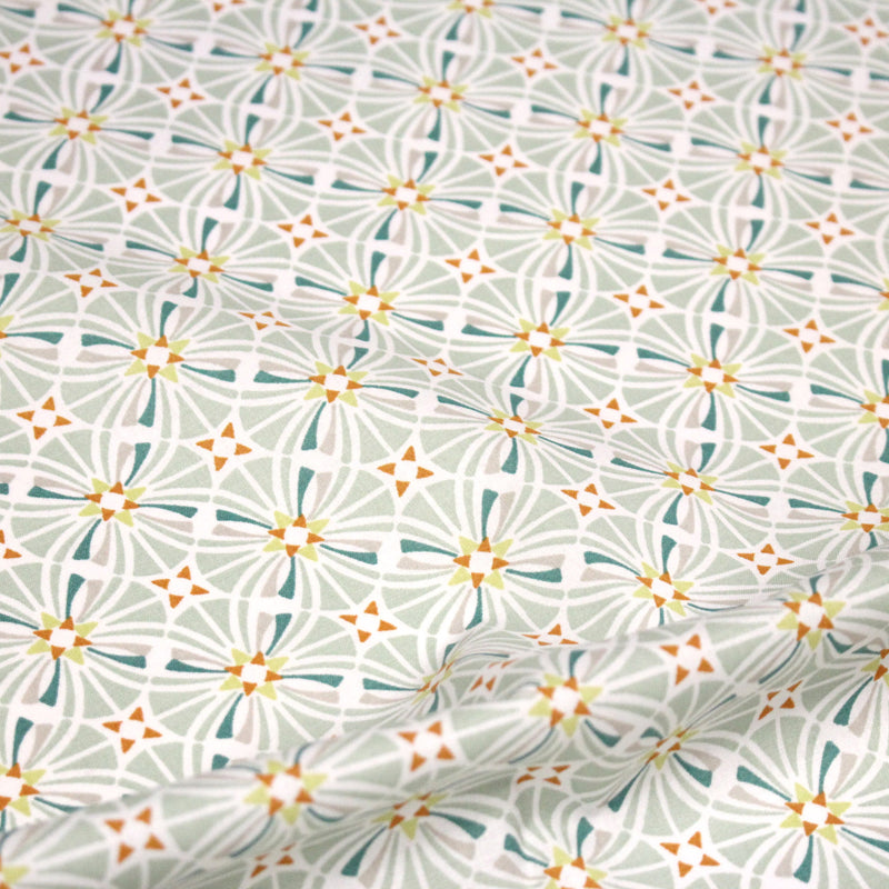 Tissu cotonnade fleuri géométrique ART NOUVEAU, vert amande, bleu canard, orange - OEKO - TEX STANDARD 100 - tissuspipi.com